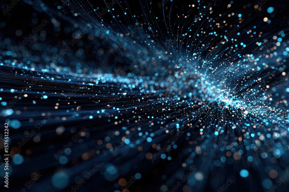 Poster glowing particles flow in a dynamic wave pattern against a dark background