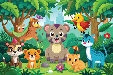 Naklejka premium A playful and colorful cartoon illustration featuring adorable jungle animals gathered in a lush forest setting, showcasing their vibrant personalities and cheerful expressions.