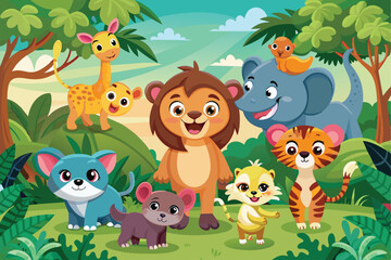 Fototapeta premium Adorable cartoon animals including a lion, giraffe, elephant, and tiger in a colorful jungle setting, exuding joy and togetherness. Perfect for childrens media and educational content.