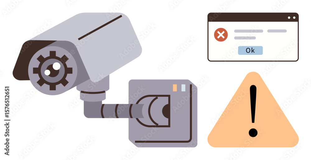 Poster security camera with triangular warning symbol and error message popup window representing system ma