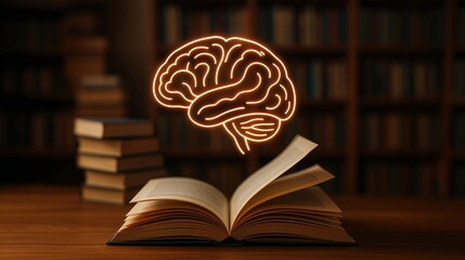 Exploring knowledge books library digital art cozy environment close-up view brain concept