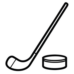 Simple clean line art vector of a hockey stick and puck. Perfect for sports graphics, ice hockey icons, team branding, winter games visuals, athletic designs, and game illustrations.