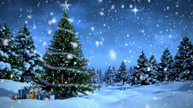 Animated Christmas Tree with Gifts and Falling Snow in a Winter Forest Scene