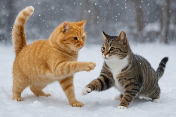 closeup of cute cats playing in the snow