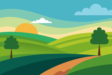 Obraz premium Green summer landscape with trees, hills, and mountains under a blue sky