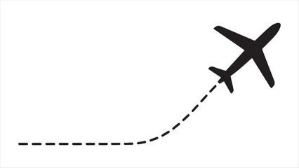 Airplane flight path icon with black silhouette and dashed line trail isolated on white background for travel and aviation concepts vector illustration