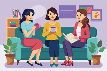 Obraz premium Illustration of three women sitting on a sofa, sipping coffee and chatting in a cozy room. The setting includes plants, books, and artwork, creating a warm and inviting atmosphere.