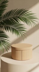 Obraz premium Minimalist beige pedestal with palm leaves and natural light