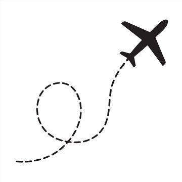 Airplane Icon with Dashed Flight Path &ndash; Travel, Tourism, or Aviation Journey Symbol for Itinerary and Air Transportation

