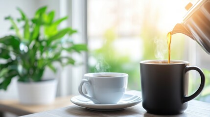 Obraz premium Coffee brewing near window and plants