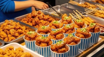 Delicious korean fried chicken bites served in blue and white striped cups