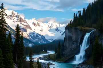 Snowy mountains of Alaska, landscape with forests, valleys, and rivers in daytime. Serene wilderness nature composition background wallpaper, travel destination, adventure outdoors