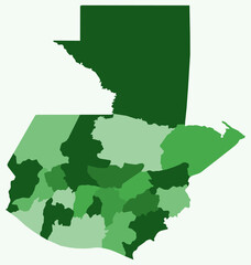 Map of Guatemala with regions. Just a simple country border map with region division. Green color palette. Blank Guatemala shape with administrative division. Vector illustration.