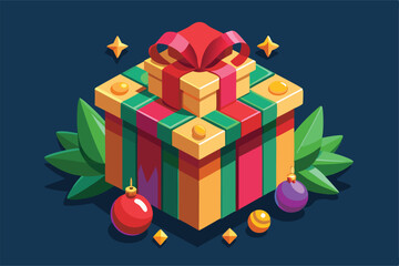Fototapeta premium Illustration of a vibrant Christmas gift box wrapped with a red ribbon, surrounded by festive ornaments and green leaves, evoking holiday cheer and celebration.