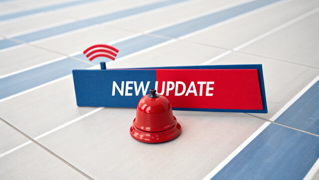 Flat digital illustration of a red notification bell with three curved alert lines, placed above a rectangular red-and-blue banner. White text in all caps reads "NEW UPDATE" at the center of the banne