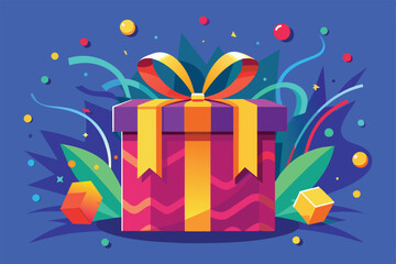 Vibrant illustration of a wrapped gift box with a ribbon, surrounded by festive decorations. Perfect for celebrations, birthdays, and special occasions. Bright colors convey joy and excitement.