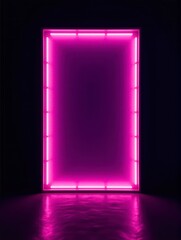 A neon pink glowing rectangular door frame stands in a dark room, creating a futuristic ambiance.
