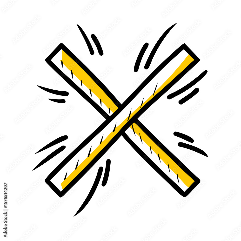 Poster dynamic hand-drawn icon of two crossed sticks with energetic lines, isolated on a transparent backdr