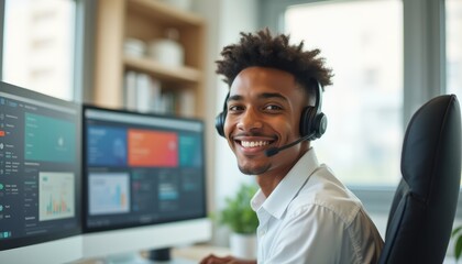 Smiling young man in headset at a modern office desk