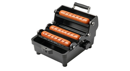 Hot dog grill machine with sausages on white background, copy space