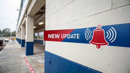 Simple alert banner graphic featuring a red bell symbol with motion lines to indicate ringing. The bell is on the upper-left of a horizontal bar split into red (top) and blue (bottom), with bold white