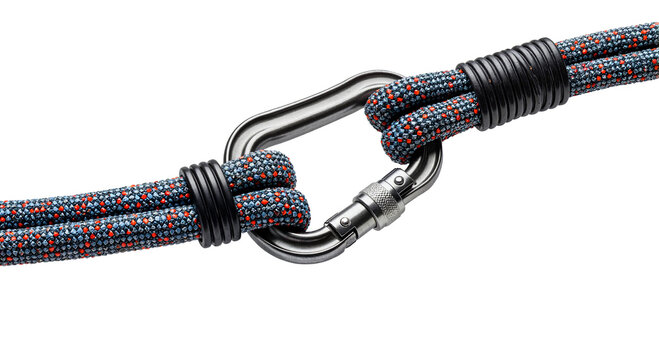 Carabiner with climbing rope on white background, copy space