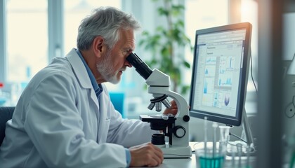 Elderly scientist examining samples under a microscope