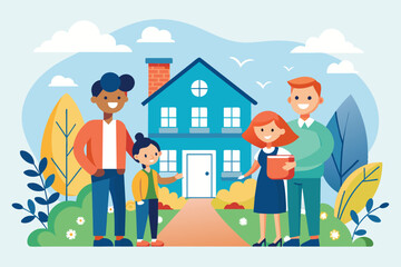 Naklejka premium Illustration of a cheerful family with two children smiling in front of their new house, surrounded by colorful nature. Represents happiness, home ownership, and togetherness in an idyllic setting.