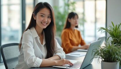 Fototapeta premium Smiling woman working on a laptop in a modern office