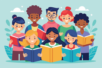 Illustration of a diverse group of smiling individuals reading books, depicting education and community. The image shows a sense of joy and togetherness in a learning environment.