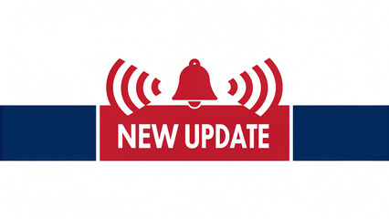 Minimalist notification graphic with a red bell icon, three sound waves emanating outward, and a red and blue banner stretched horizontally beneath. The words "NEW UPDATE" appear in large, white block