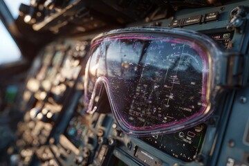 Pilot goggles reflecting cockpit instruments inside plane before flight during day