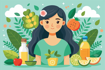 Colorful illustration of a smiling woman with fresh fruits, vegetables, and juice, symbolizing health and nutrition. Perfect for concepts of wellness, organic living, and natural beauty.