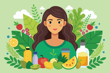 Colorful illustration of a woman surrounded by various fruits and healthy beverages, symbolizing wellness and health. The vibrant design conveys a positive and natural lifestyle concept.