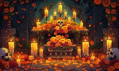 beautifully arranged altar with marigold petals scattered over an ofrenda, surrounded by candles