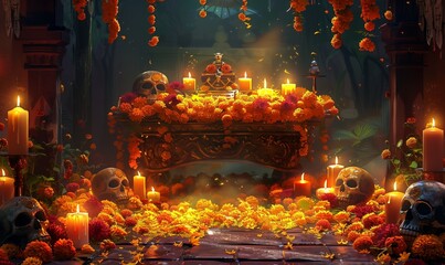 beautifully arranged altar with marigold petals scattered over an ofrenda, surrounded by candles