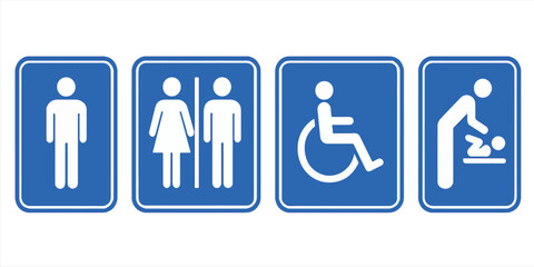 Restroom Sign Vector Set Including Male, Female, Handicap Accessible, and Baby Changing Symbols – Blue Icon Collection for Public Facilities and Informational Use