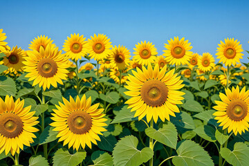 Obraz premium Bright sunflower field on a sunny summer day