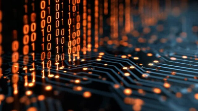 Abstract binary code overlaying circuit board