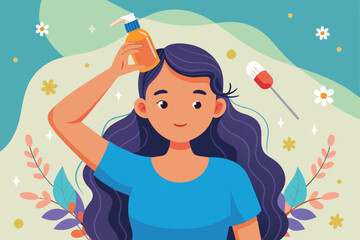 Illustration of a woman using hair oil for her beauty routine. Emphasizes hair care and self care concepts with vibrant colors and floral elements, creating a positive and engaging atmosphere.