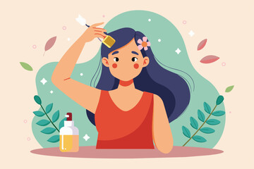 Illustration of a woman using hair oil for beauty care. Surrounded by nature elements, the scene promotes self care and wellness in a peaceful setting.