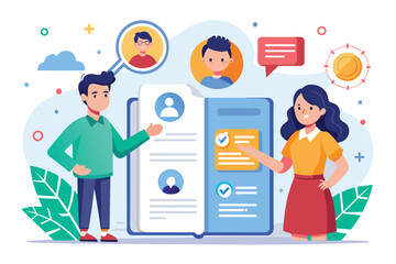 Colorful illustration depicting team collaboration in a digital workspace, highlighting communication and teamwork through digital profiles and dialogues.