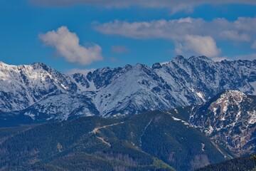 Snowy mountain peaks beneath soft clouds and clear blue sky; forested slopes and winding paths complete the alpine serenity.