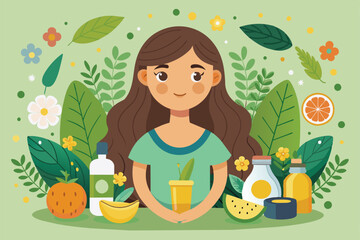 Illustration of a woman surrounded by natural products and greenery, promoting an eco friendly lifestyle and wellness. Vibrant colors emphasize health, nature, and organic beauty concepts.