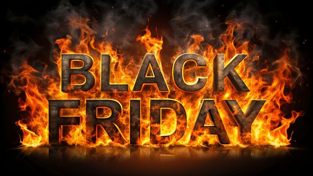 Photo of the words black friday appear in bold, fiery letters surrounded by intense flames, symbolizing a hot shopping event