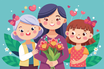 Illustration of a joyful family with a mother and two children, sharing love and happiness. They are holding a bouquet of flowers against a cheerful background with hearts and leaves.