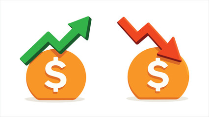 Obraz premium Financial Growth and Loss Icons – Up and Down Arrows on Dollar Coin Symbols for Business, Investment, Economy, and Market Trend Concepts
