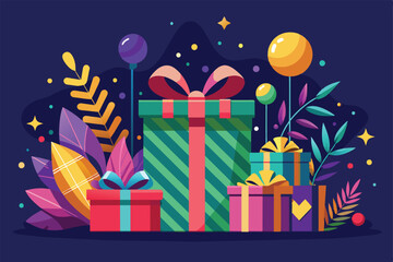 A vibrant illustration of wrapped gift boxes surrounded by decorative elements, conveying a festive and joyful atmosphere. Perfect for celebrating special occasions and holiday festivities.