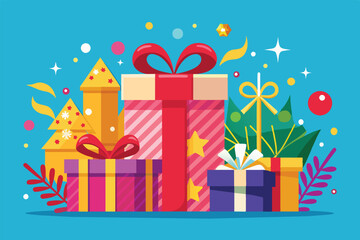 Vibrant illustration featuring wrapped gift boxes and festive decorations against a bright blue background, capturing the joy and excitement of holiday celebrations and gift giving season.