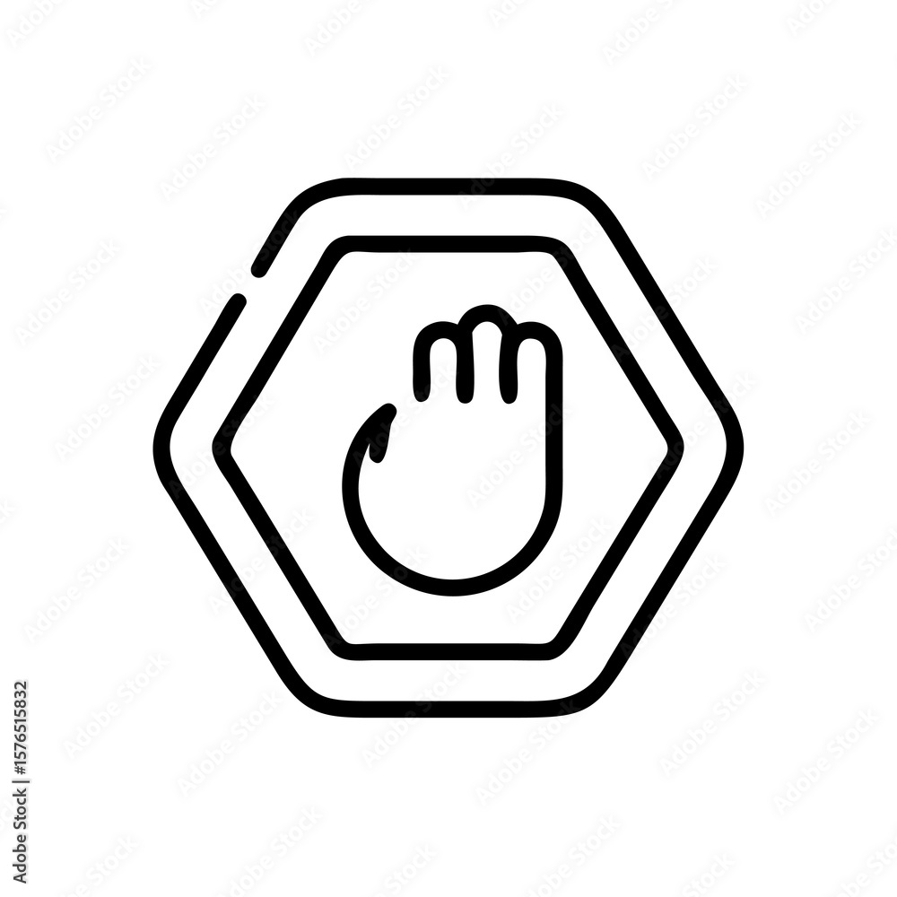Poster a bold line art icon of a hand inside a hexagon stop sign symbolizing restriction and prevention, is